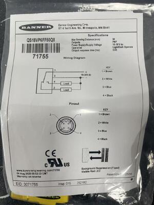 BANNER QS18VP6FF50Q8 Capteur photoélectrique à champ fixe haute fiabilité